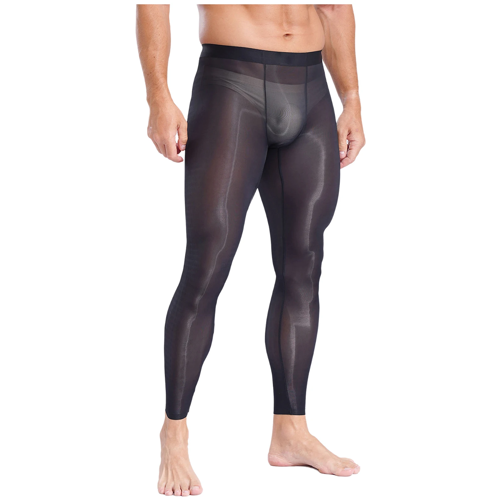 Mens Stretchy Ultra-Thin Leggings Ice Silky Yoga Fitness Leggings Bulge Pouch Tights See Through Pants for Gym Sports Workout