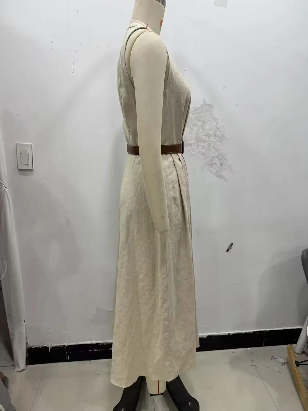 HH Women's Summer Commuter Casual Solid Linen Midi Dress Sleeveless V-neck Single-breasted Belt A-line Elegant Slim Dresses