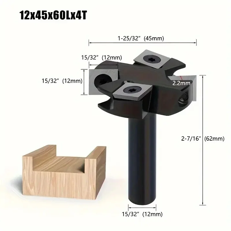 1pc 4 Blades Wood Planer Bit T-Shaped Woodworking Surfacing Milling Cutter 8/12mm Shank Detachable Blade Slab Flattening Tool