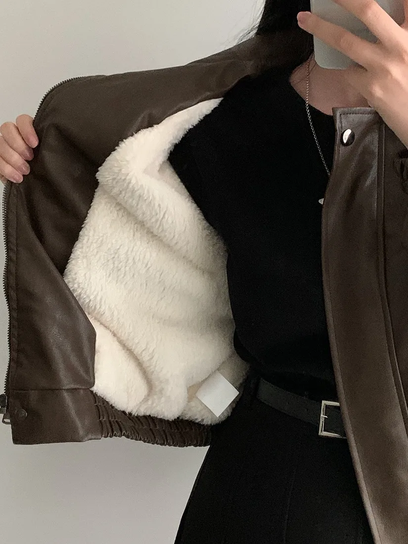 Chic Autunno Inverno Fce Foderato Colletto con cerniera Lungo Sve Allentato Versatile Cappotto Jaet in pelle da donna Ne Polyest...