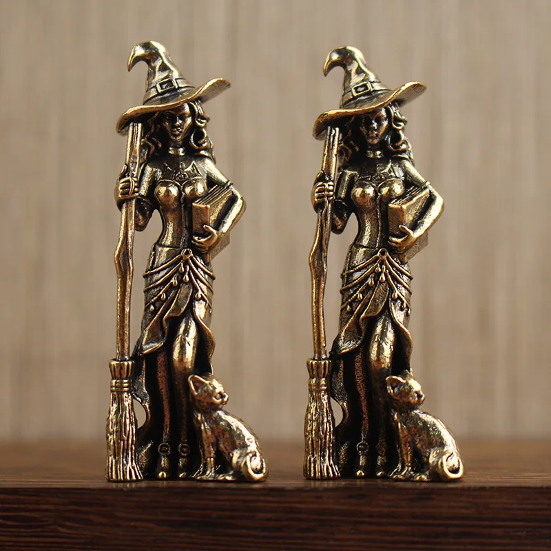 Vintage Witch Broom Brass Guardian Angel Statue Retro Home Decor Crafts For Living Room TV Cabinet Wine Bar Desktop Ornament