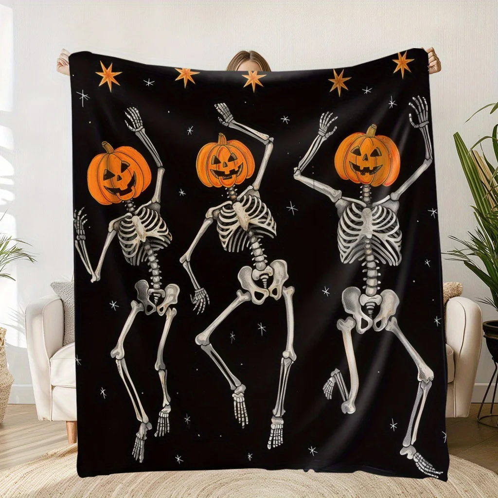 

[Festive Halloween Blanket] Scary Pumpkin Skeletons Print Halloween Blanket | 1pc Soft and Warm Commemorative for Unforgettable