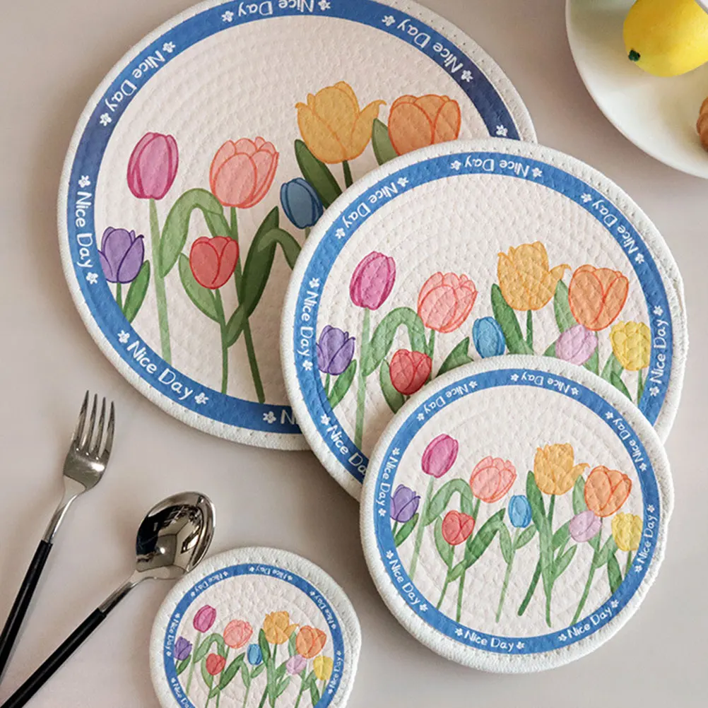 

4 Pcs Insulated Cotton Rope Floral Tulip Design Dining Table Decorative Heat Resistant Woven Coasters Fabric Place