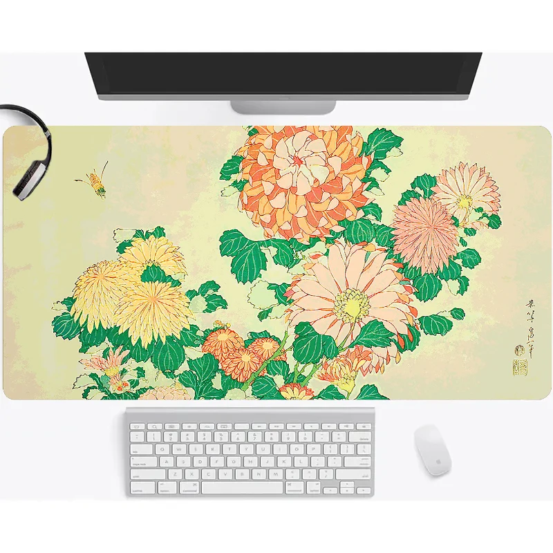 

Chrysanthemums and Bee Mouse Pad Large Gaming Art Mausepad Mousepads Non-slip Seamed Edge Office Accessory Laptop Tablet Mat PC