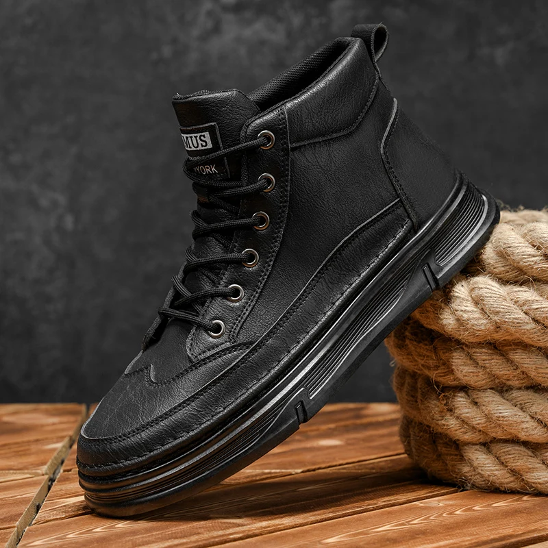 New Men Boot Platform Men Sneakers Leather Slip on Men Casual Shoes New Comfortable Platform Working Boots Zapatillas Informales