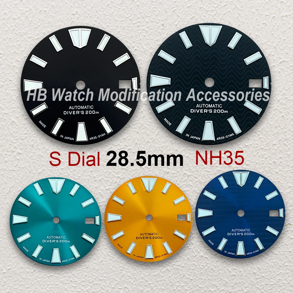 28.5mm S Logo Wave Dial Fit NH35/NH36 Automatic Movement C3 Green Luminous High-Quality Watch Modification Accessories