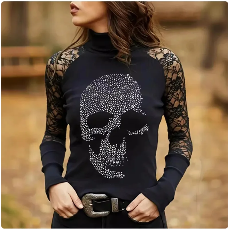 Sexy Lace High Necked T-Shirt Women Skull Zircon Solid Color Top Casual Street Trend Slim Black Clothes