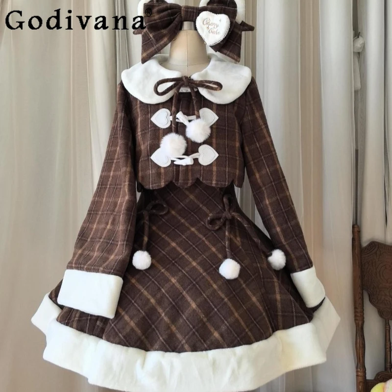 الإناث النمط الياباني لوليتا تنورة الدعاوى Bowknot شال كيب معطف الصوف منقوشة فستان بحزام مجموعة النساء الشتاء JK الزي الرسمي