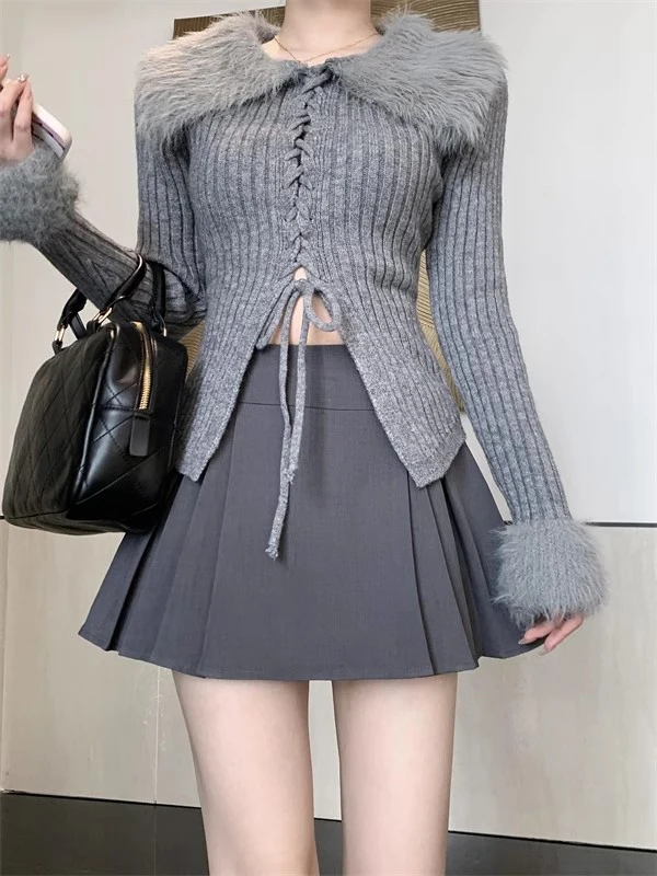 KUSAHIKI Gray Fur Turn-down Collar Drawstring Lace Up Knitwear Tops Women Autumn New Slim Sweater Korean Bottoming Tops