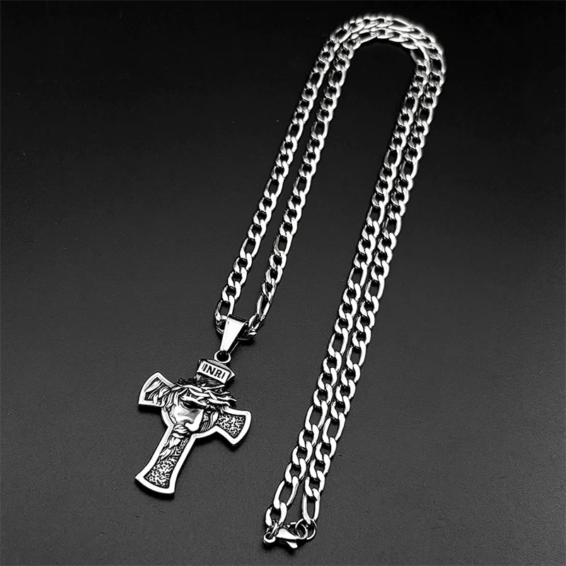 가시 왕관 예수 십자가 펜던트 목걸이 여성 남성용 스테인리스 스틸 블랙 그런지 십자가 남성 종교 체인 쥬얼리