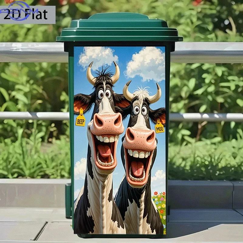 2D Flat Printing 1pc Trash Can Sticker  Two Cows Laughing Haha Theme Design Wall Sticker Decorative Wallpaper Self-Adhesive Ki