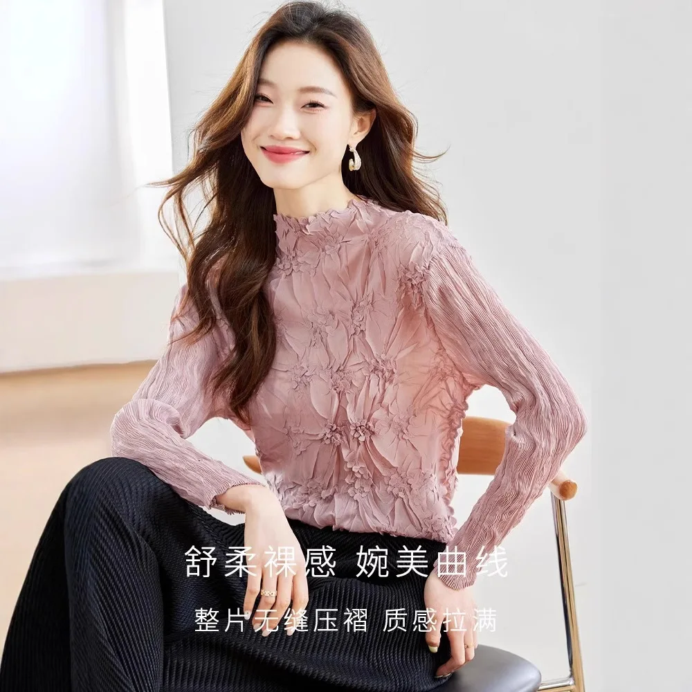 

Плиссированный топ Miyake с 3D-тиснением, весна/лето, с длинным рукавом, базовый слой, новый дизайн 2026, стройнящий, элегантный, универсальный