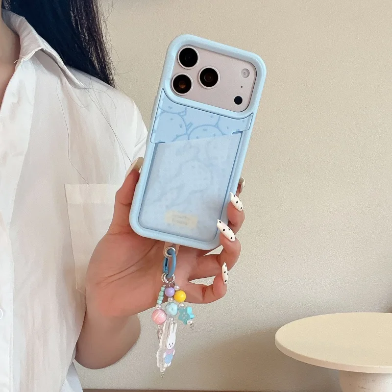 

Fashion Line Miffy Rabbit Card Slot Phone Case For iPhone 17 Pro 16 15 Pro Max Cover with Pendant Korean Cartoon Protective Case