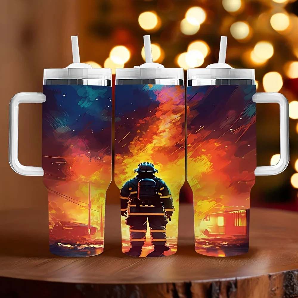 40oz Tumbler with Handle And Straw, Features Long Term Insulation, Cool Firefighter Pattern Print, Perfect As Holiday And Birthday Gift, Suitable for Firefighter Enthusiasts for Daily Use And Outdoor Travel Scenes