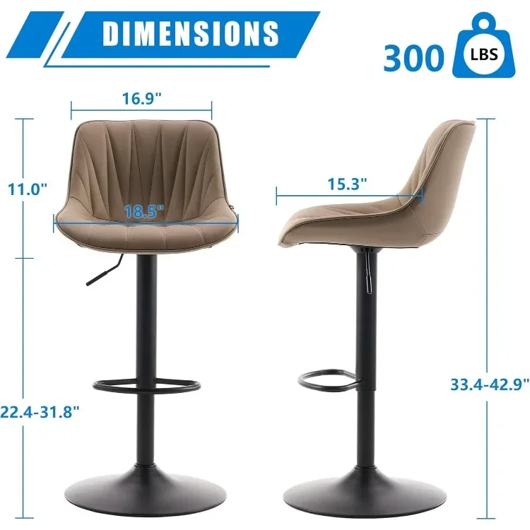 

Bar Stools Set of 2 for Kitchen Island, Khaki Swivel Tall Barstools, Adjustable Bar Stool with Back, Faux Leather Padded Bar