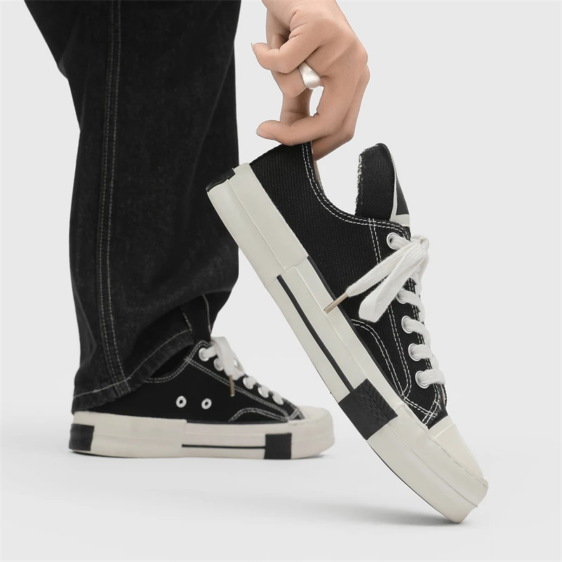 

Men's Black White Canvas Casual Sneakers Lace-up Low-top Shoes Comfortable Non-slip Streetwear Flats for Daily Wear