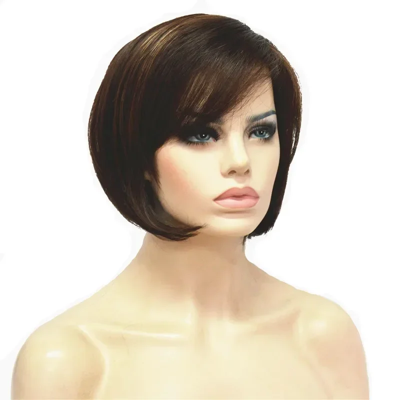 

StrongBeauty Боб Стиль Короткие Прямые Волосы Парик для Женщин Коричневый С Светлыми Мелированием Синтетические Натуральные Полные Парики