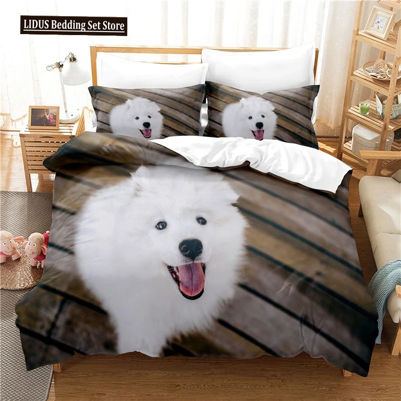 

Dog Duvet Cover Set White Dog Animals Pattern Cute Kawaii Polyester Comforter Cover King Queen Size For Boys Girls Bedding Set