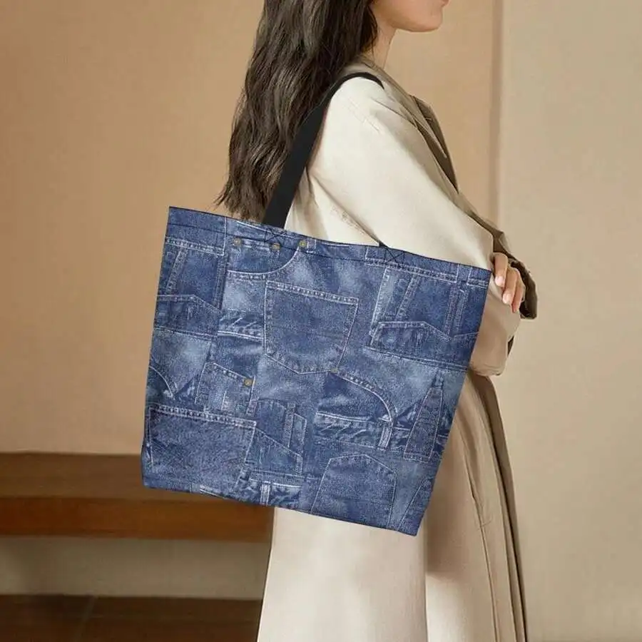 

Denim Print Casual Tote Bag For Women Unisex Streetwear Style