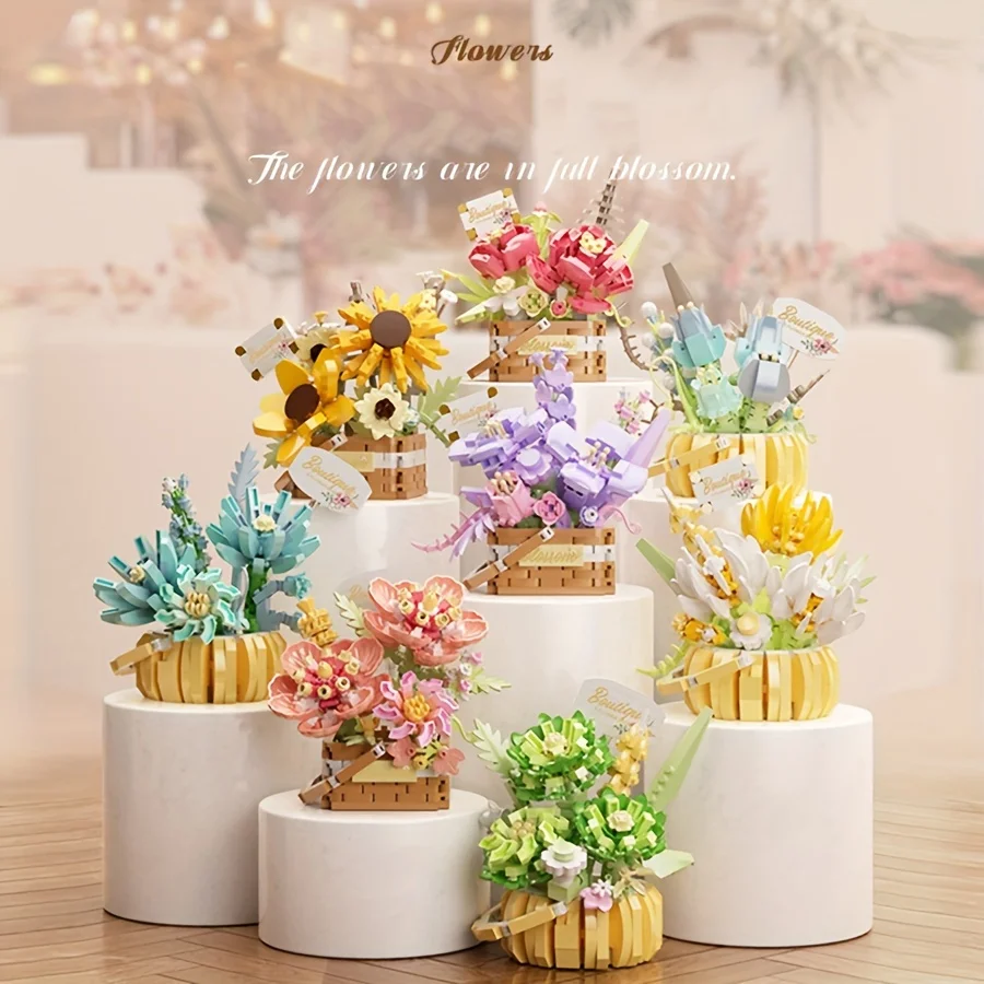 

Flower Basket Series Micro-Particle Building Blocks - Sunflower Potted Desktop Ornament, Educational Toy
