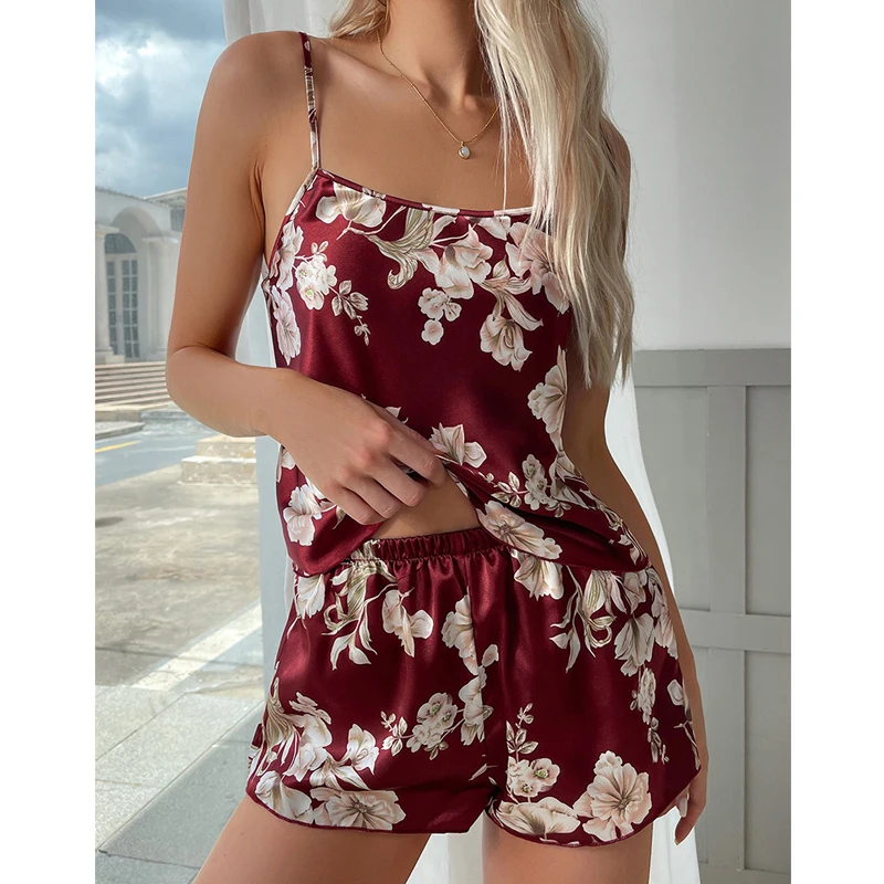 

Женский атласный Шелковый жилет на бретелях, шорты, Пижамный костюм, повседневный верх и шорты, домашняя пижама из двух частей