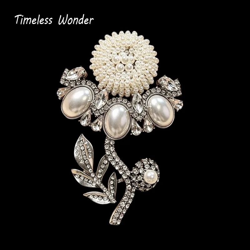Timeless Wonder Fancy Zircon Geo Glass Pearl Floral Brooch Pins Women Designer Jewelry Gift Trendy Cute Rare Vintage 5285