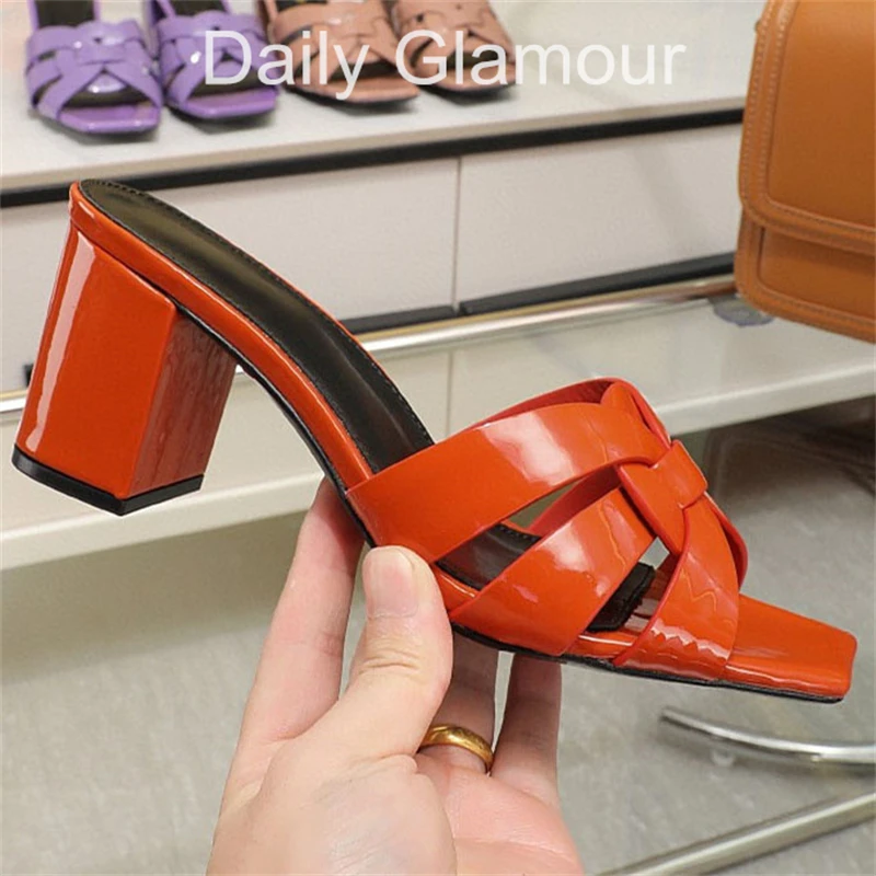 Braided Patent Leather Sandals Women Sexy Chunky High Heels Slippers Square Toe Fashion Runway Slides Dress Party Cozy Slippers