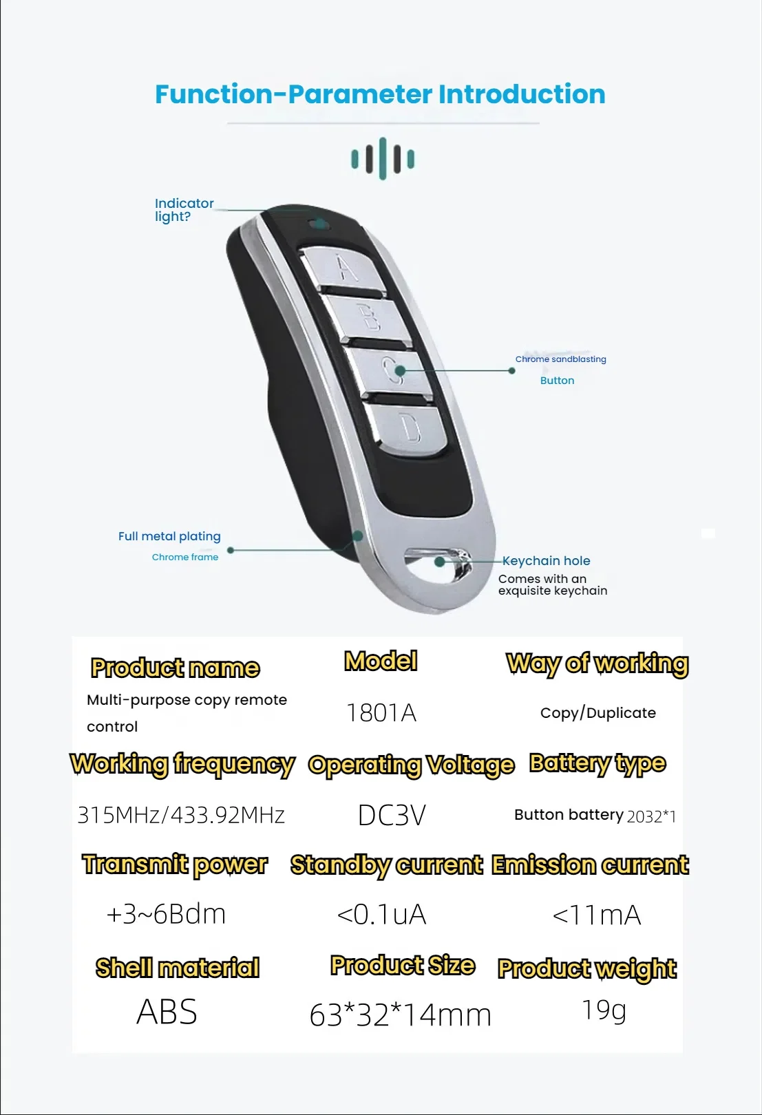 Universal  Garage Remote Electronic Gate Control 433MHz Gate Key Fob Command Hand Transmitter Wireless Remote