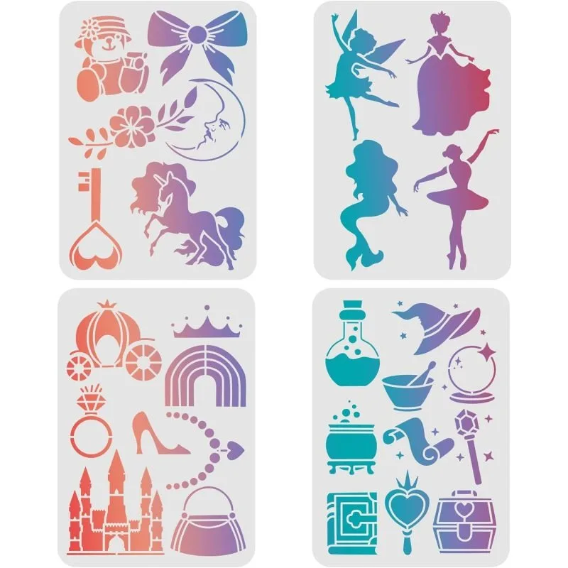 Plantillas de fantasía de 4 piezas, plantillas reutilizables de 11,7x8,3 ", un solo cuerno, caballo, castillos, dibujo, pintura, princesa mágica, flor