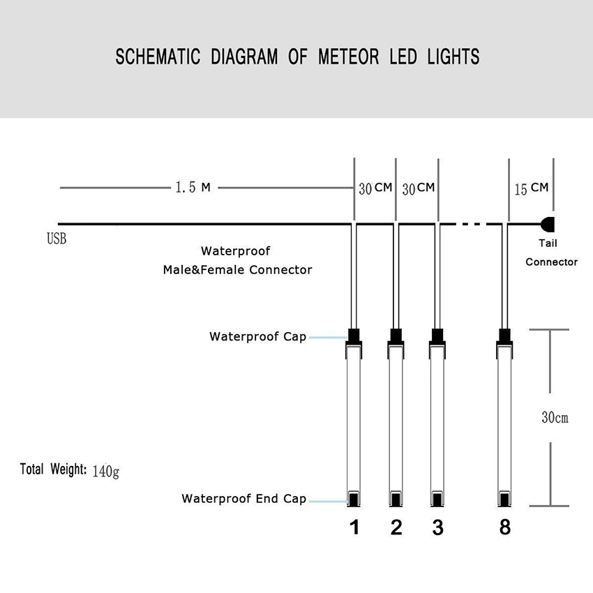 New Waterproof 50cm 8 Tube Holiday Meteor Shower Rain LED String Lights for Indoor Outdoor Garden Wedding Party Decor Tree