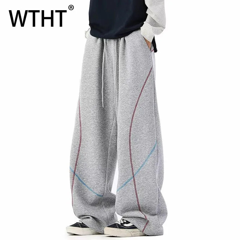 

WTHT модные осенние мужские свободные брюки в полоску, модные эластичные повседневные брюки с высокой талией и рисунком, мужские 2A2008