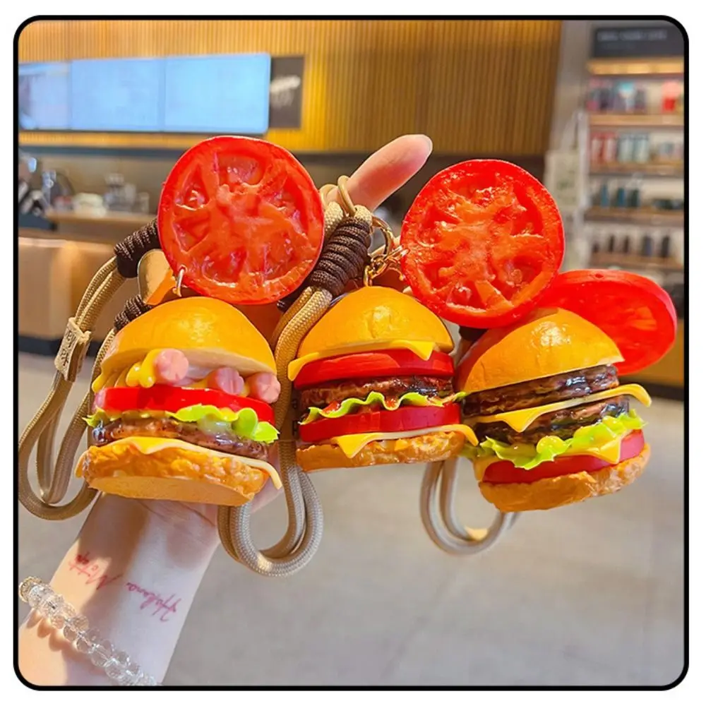 Realistic Hamburger Squishy Keychain 3D Mini-size Simulation Hamburger Keyring Double-layer Beef Hamburger Cartoon