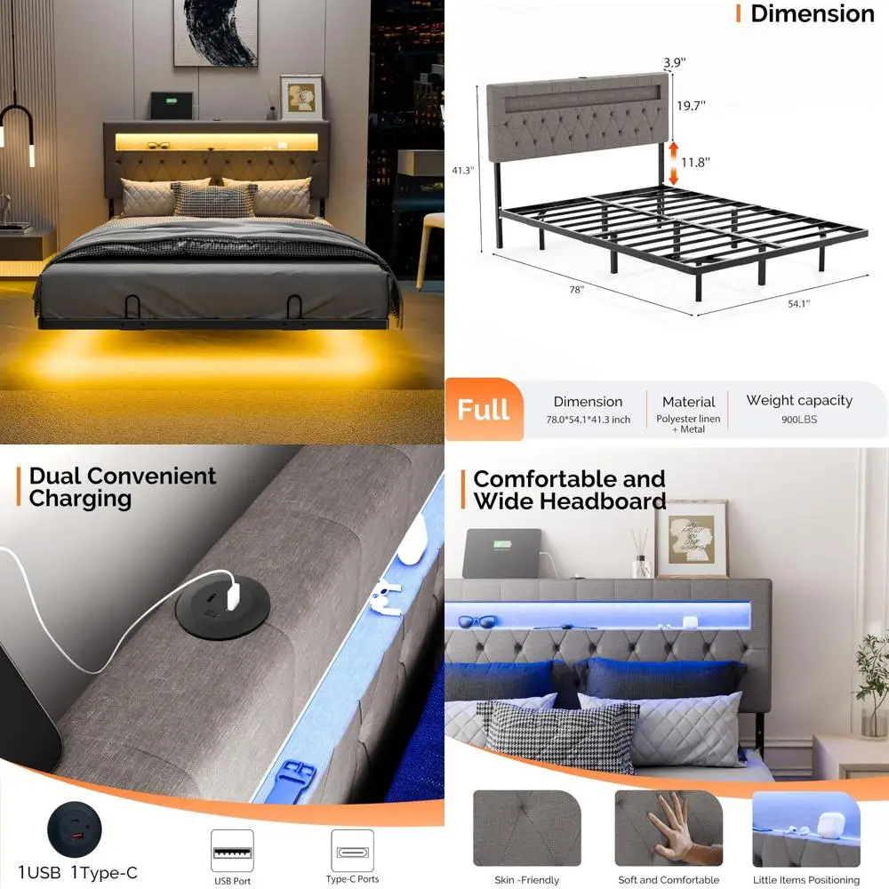 modern metal floating bed frame with led lights, easy assembly, no box spring needed, and charging station