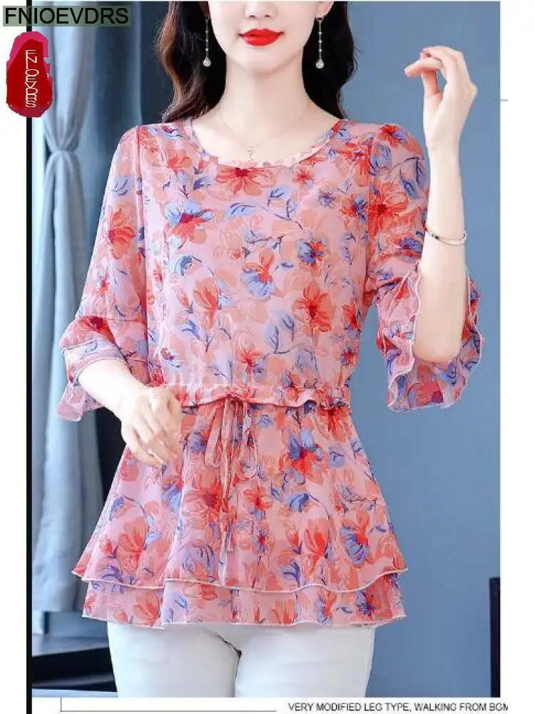 S-4XL Loose Clothes 2023 Women Summer Slim Waist Drawstring Ruffles Shirts Casual Chiffon Floral Tunic Peplum Tops And Blouses