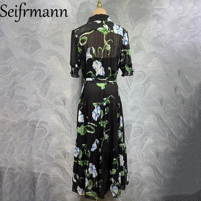 Seifrmann 2026 Summer Women's New Fashionable lapel Short Sleeve Single breasted Printed Waist cinching Dress