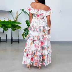 Women Dress Sleeveless Printed Slash Collar Ruffled Fashion Vacation Style Long Dress Off Shoulder Bohe Maxi Beach Dress