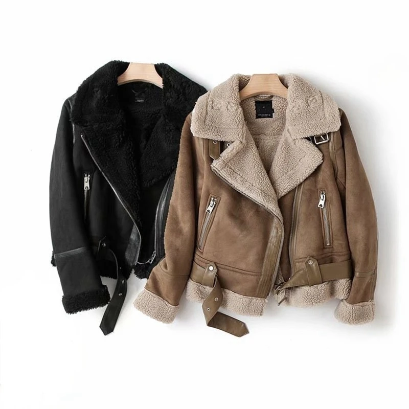 2026 Winter Women Faux Suede Shearling Lined Moto Jacket, Lapel Zipper Belted Thick Warm Short Coat