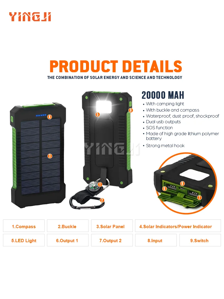 

Waterproof Solar Power Bank 10000mah Dual Usb Li-polymer Solar Battery Charger Travel Powerbank For All Phone