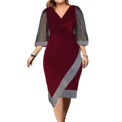 Women's Sequin Mesh Dress Elegant Slim Fit V-Neck Luxury Summer Skinny 2024 Long Sleeve Asymmetrical Hem Formal Occasion Dress