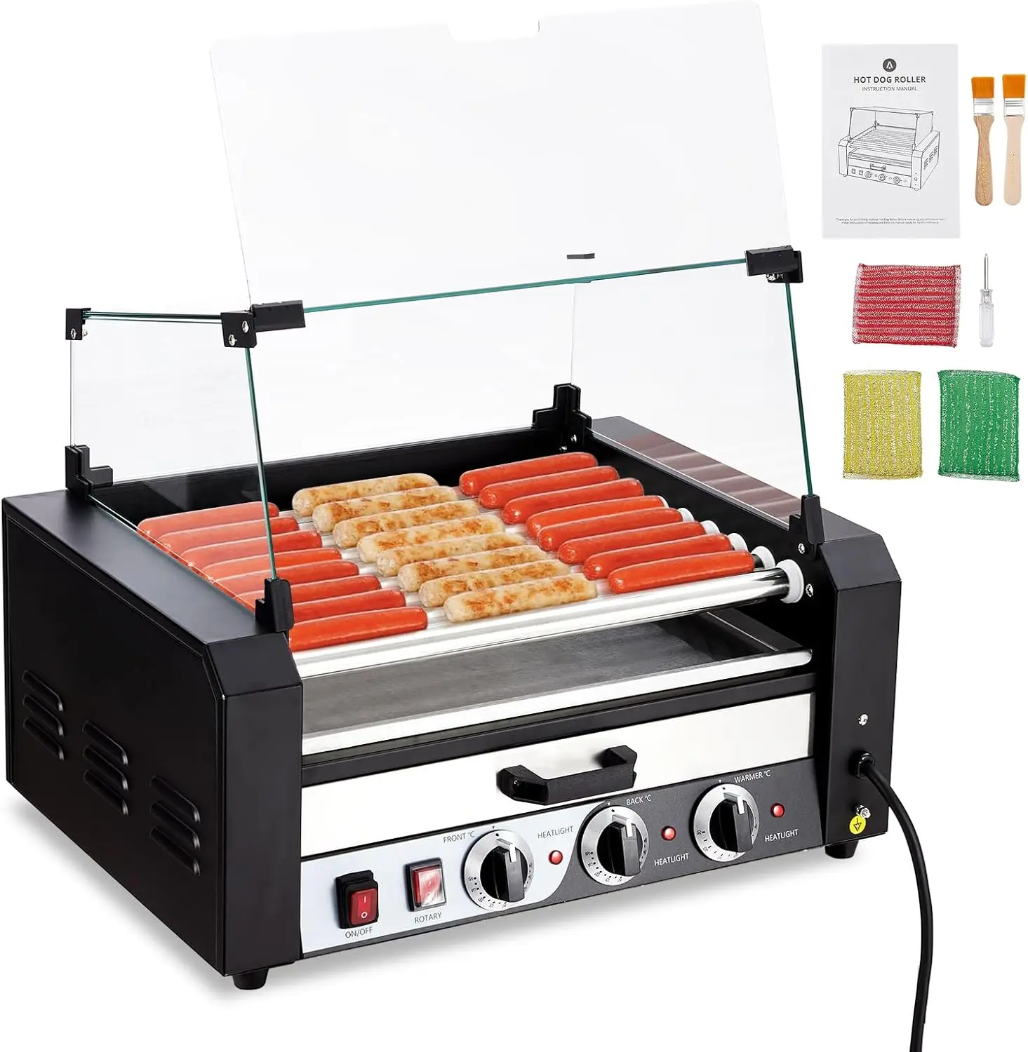 9 Roller Sausage Grill Cooker Machine With Bun Warmer Shelf, Electric 24 Hot Dog Capacity 1650W Hot Dog Roller Dual Temp Control