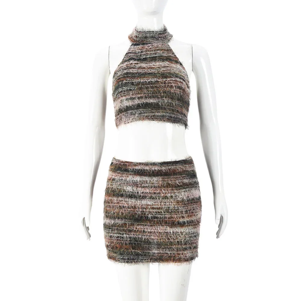 Vintage gestricktes sexy zweiteiliges Set für Frauen 2025, Frühling, lässig, Knopf, Neckholder, ärmellos, Crop-Tops, kurzer Rock, Streetwear