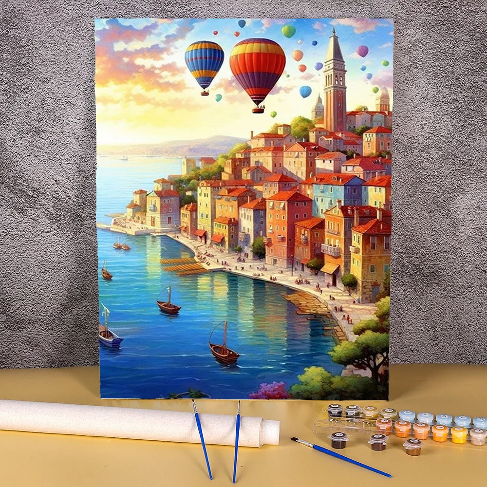 50x70cm Paint By Numbers Canvas Painting Seaside Town Acrylic Paint Kits Fire Balloon Painting By Numbers For Adults Home Decor