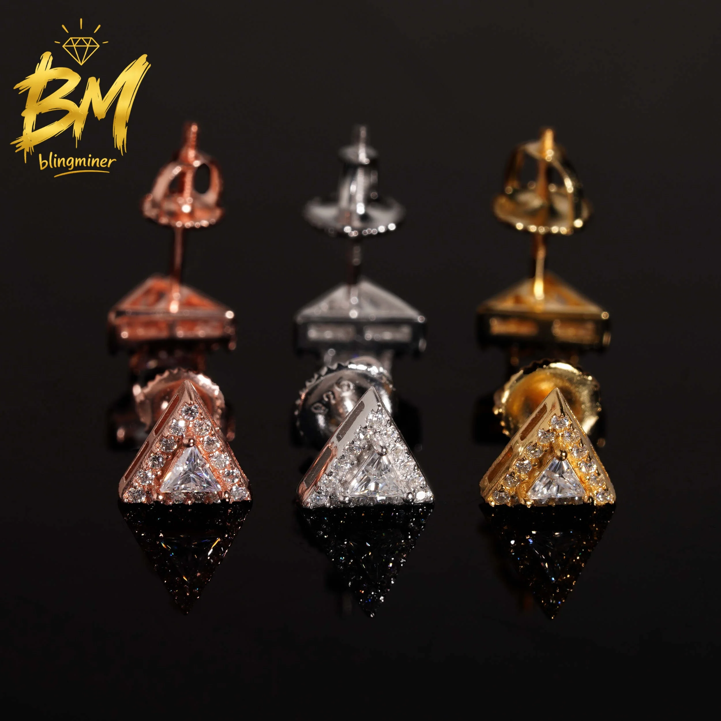 Blingminer Triangle Shape Style VVS Moissanite Earrings For Men Women S925 Silver Ear Studs Jewelry Pass Diamonds Tester GRA