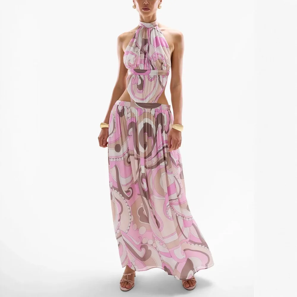 

Trendy Print Halter Neck Long Dress Women Sexy Hollow Out Backless Sleeveless Dresses Fashion Vacation Style Vestidos 2026 New