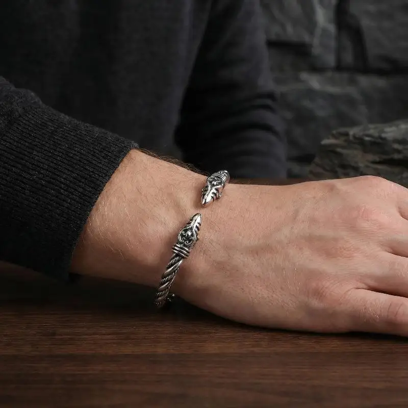 Viking Raven Bracelet for Men Norse Open Cuff Bangle Nordic Jewelry Stainless Steel Wristband Gift for Boyfriend