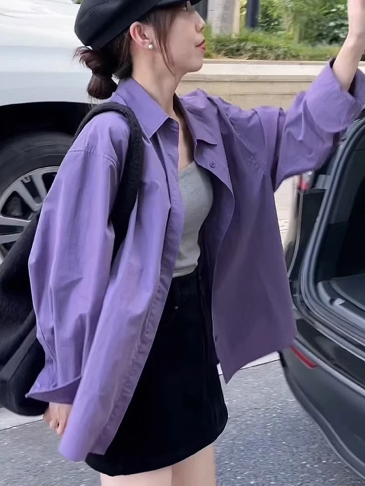 เสื้อคลุมหลวมสไตล์ลำลองสีม่วงสำหรับผู้หญิง แฟชั่นฤดูใบไม้ผลิใหม่ สไตล์เกาหลี ระดับไฮเอนด์ สวมใส่สบาย