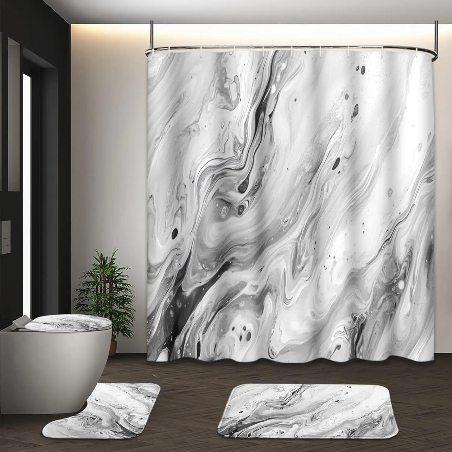 

Набор занавесок для душа из серого мрамора с крышкой унитаза и нескользящими ковриками, абстрактная серая занавеска для душа с эффектом омбре, 4 шт., с 12 крючками,
