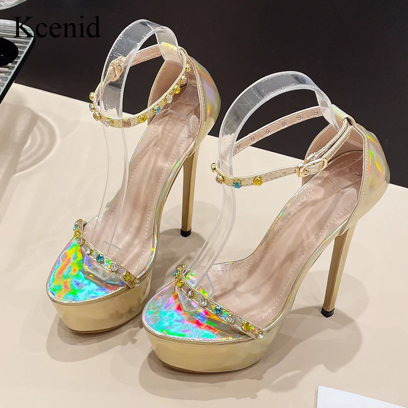 

Kcenid New Fashion Diamond Rivet Ankle Strap Shoes Women Platform High Heels Sexy Sandals Female Party Shoes Patent Leather