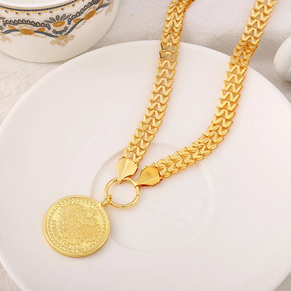 Dubai Jewelry Sets 24k Yellow Gold Coin Earrings Ring Pendant Neckalce for Woman African Morrocan Jewelry