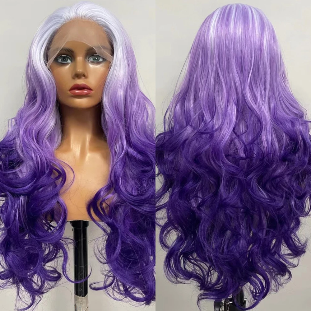 Peruca dianteira de renda sintética para mulheres, cabelo longo, ondulado, roxo, diário, cosplay, anime, fibra de alta temperatura, avaria, livre